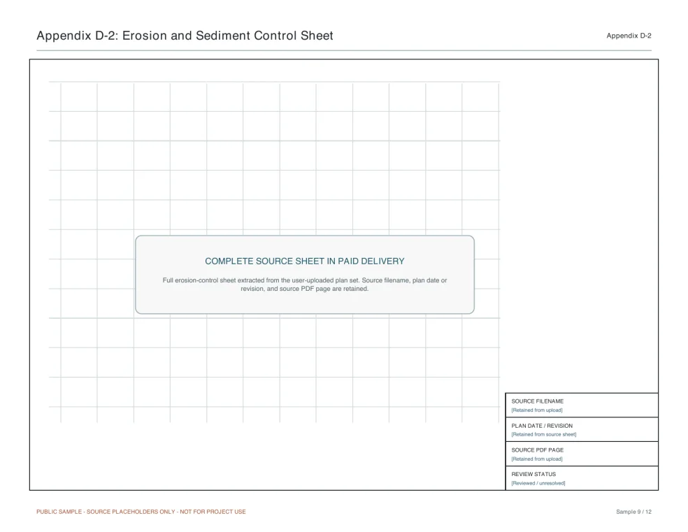Production-format sample showing where a complete erosion and sediment control sheet from the uploaded plan set is preserved