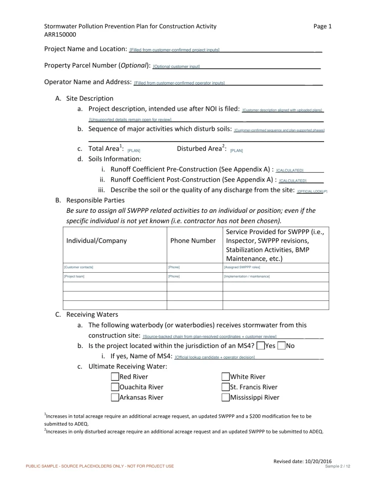 Production-format sample of the Arkansas SWPPP template with source placeholders in the project and receiving-water fields